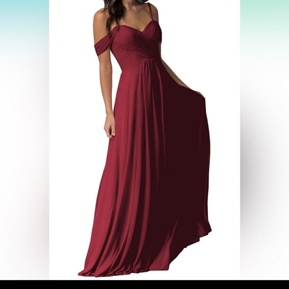 Off the Shoulder Long A-Line Chiffon Formal Bridesmaid Dress in Maroon Burgundy